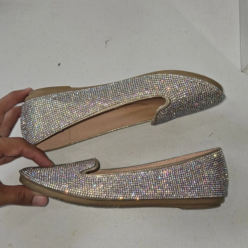 Link Comfort Women Size 4 Gold Rhinestone Sparkle Ballet Flats Slip On Loafers